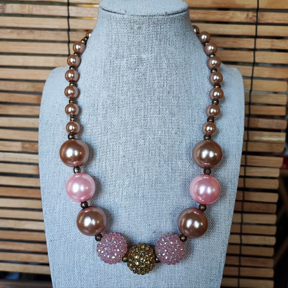 Faux Pearl Champagne and Pink Beaded Big Balls Rhinestone Statement Necklace